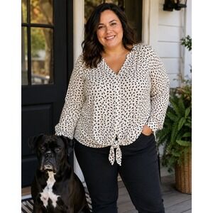 Max Studio XL Blouse Dog Cat Print Ivory Tie Front Long Sleeve Button